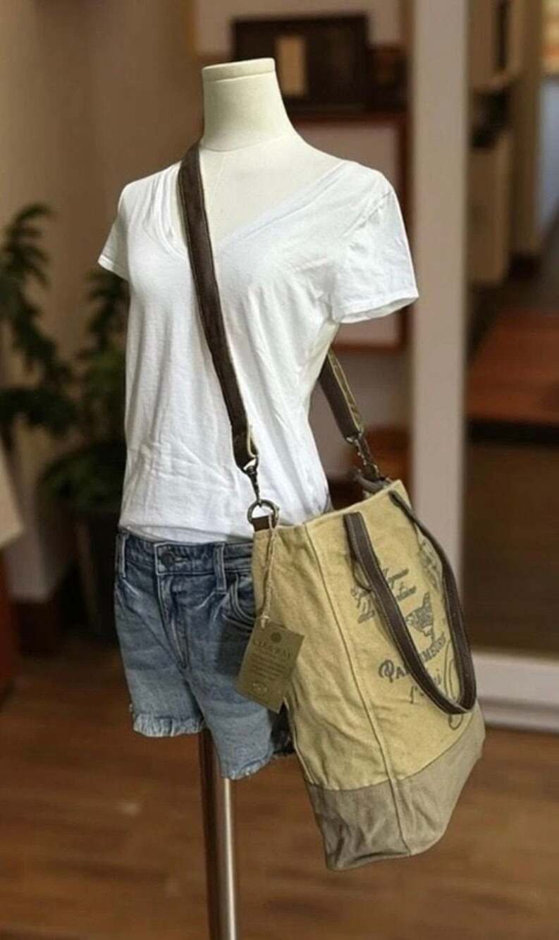 Clea Ray Upcycled Canvas and Leather Paris Market Tote Bag New With Tags